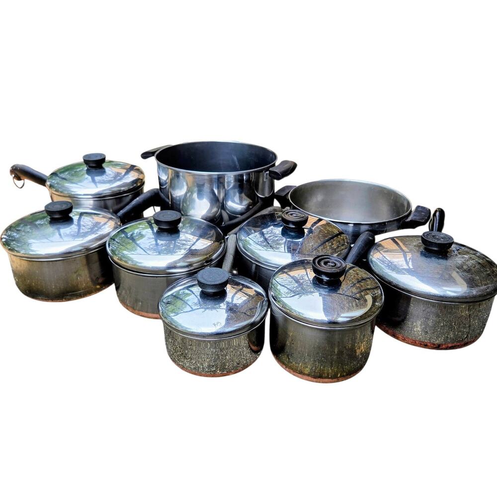 Revere Ware Vintage Copper Bottom Pots And Pans 16 Piece Stainless Cookware Lot
